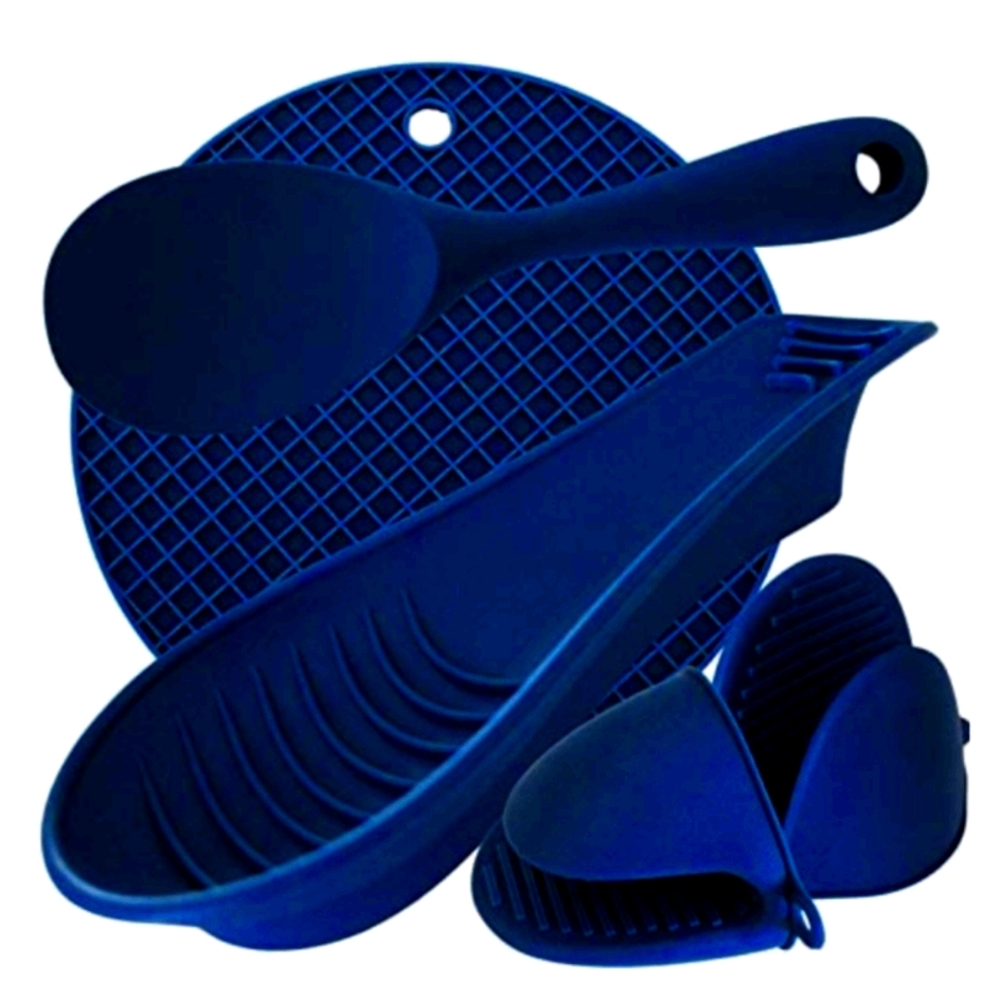 Silicone Spoon Rest, Trivet, Oven Mitts 5 Pc Set